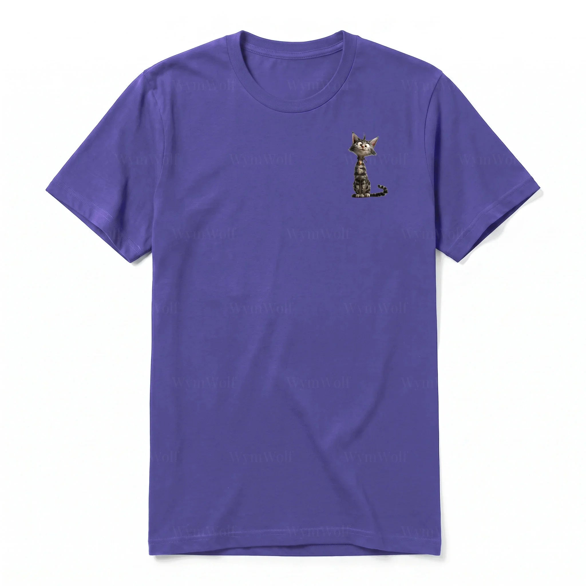A purple short-sleeve crewneck t-shirt for adult featuring a graphic of a cat on the left chest.
