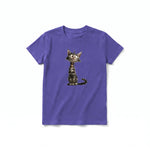 A purple short-sleeve crewneck t-shirt for youth featuring a graphic of a cat on the front.