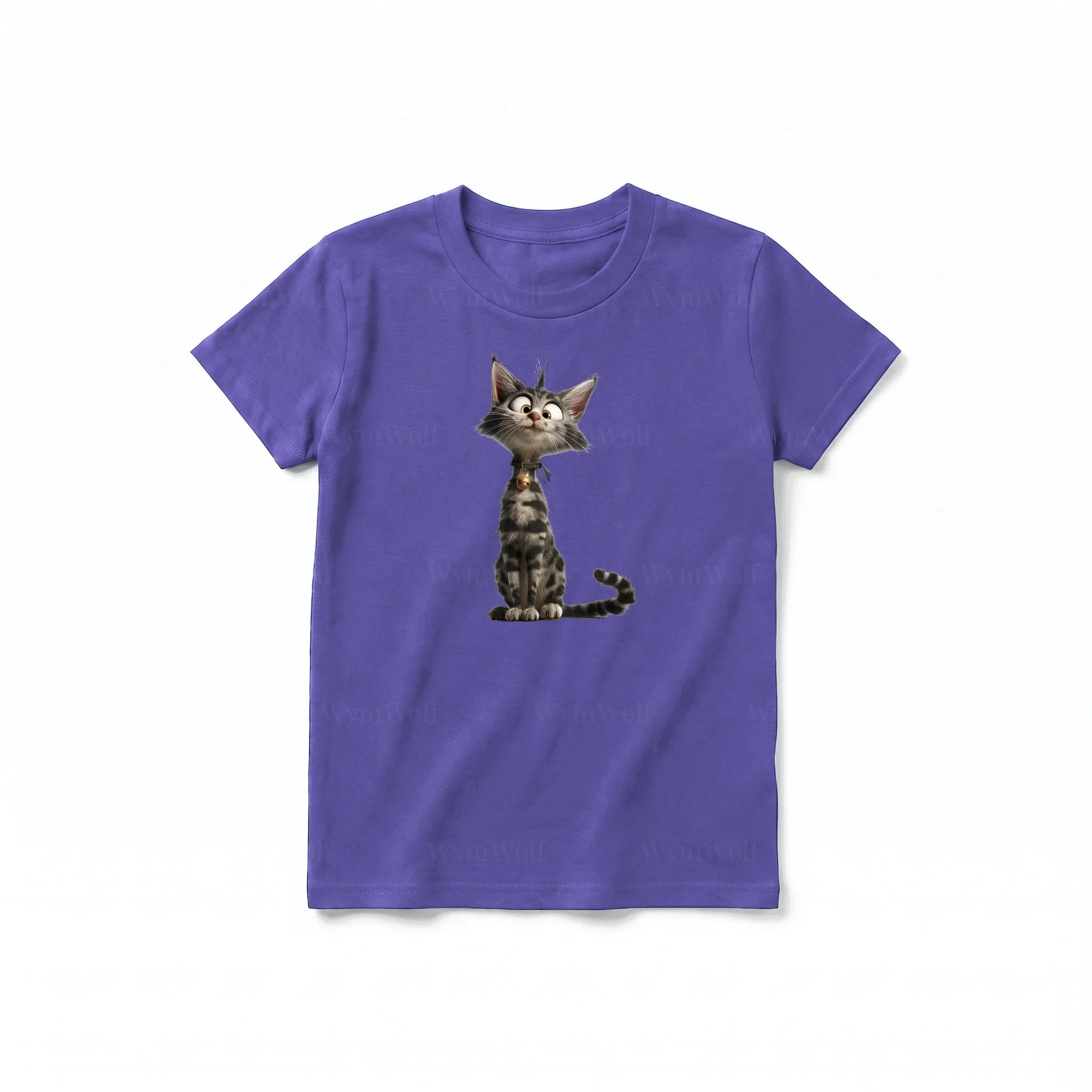 A purple short-sleeve crewneck t-shirt for youth featuring a graphic of a cat on the front.