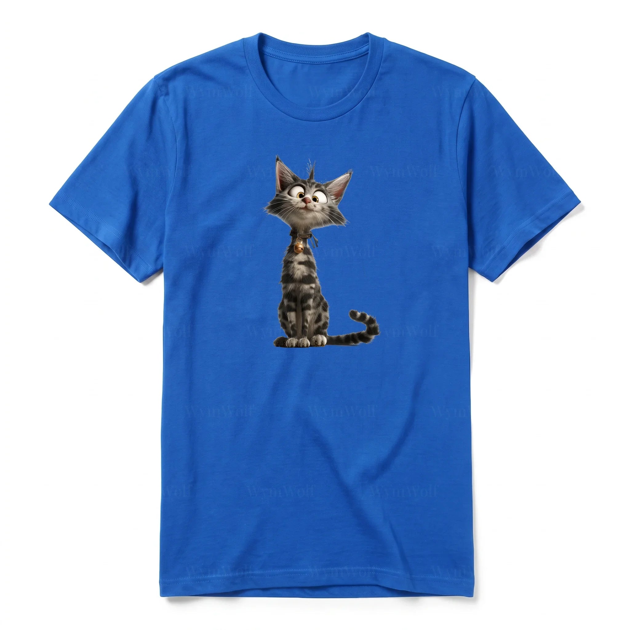 Un T-shirt royal à manches courtes et col rond, orné d'un motif représentant un chat sur le devant.