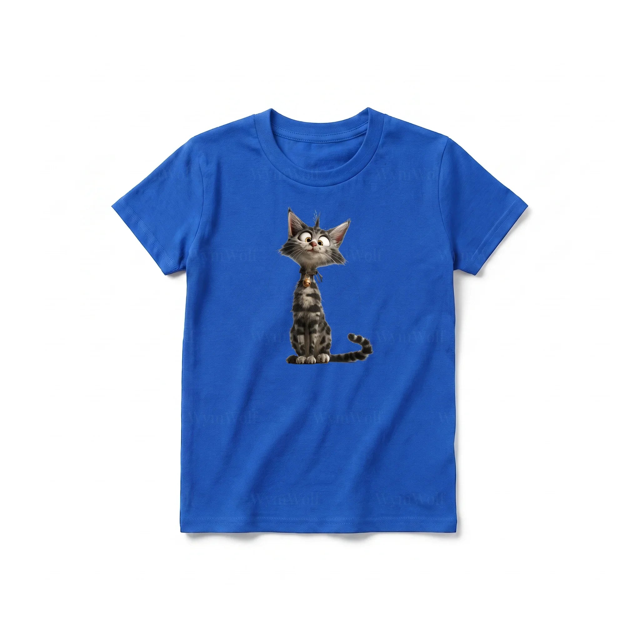 Un T-shirt royal à manches courtes et col rond pour jeune, orné d'un motif représentant un chat sur le devant.