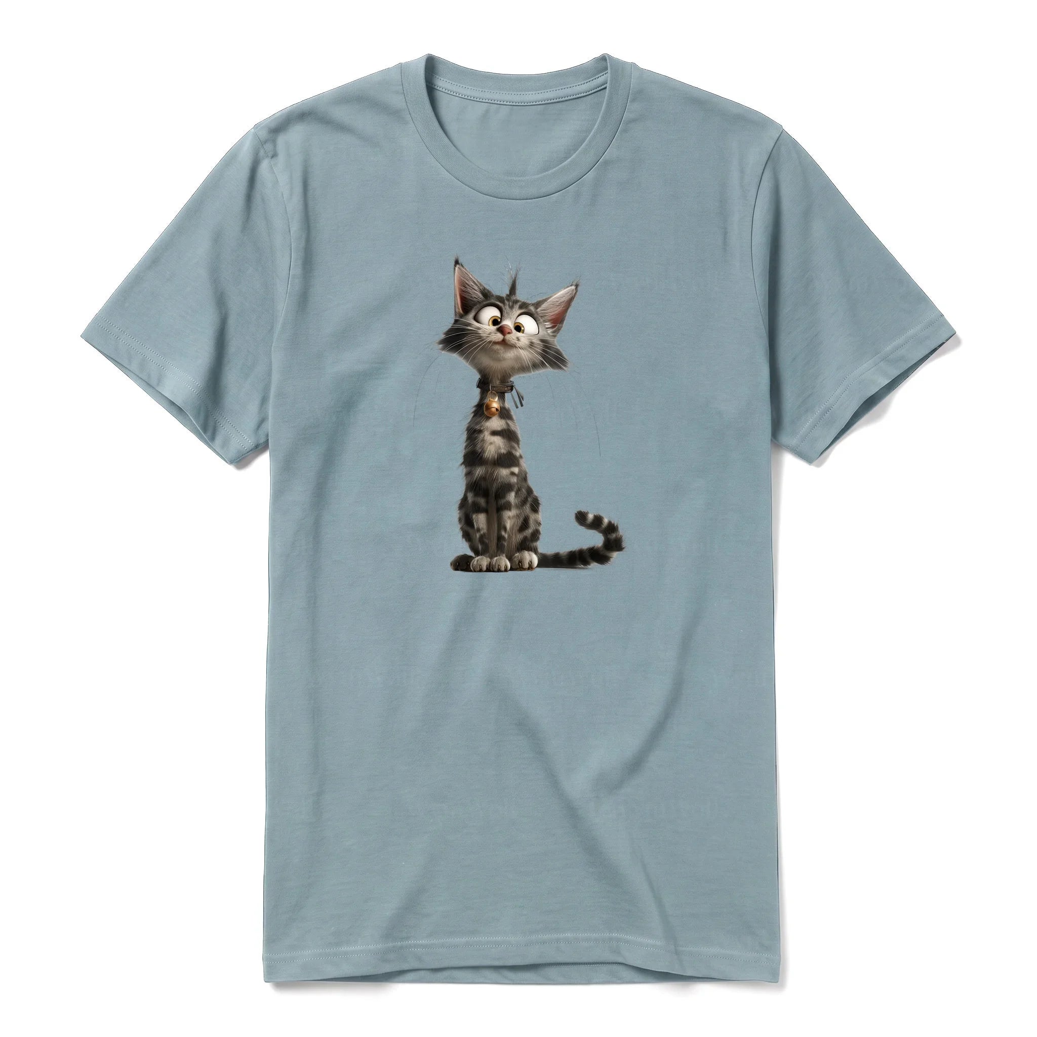Un T-shirt sauge à manches courtes et col rond, orné d'un motif représentant un chat sur le devant.