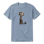 A steel-blue short-sleeve crewneck t-shirt for adult featuring a graphic of a cat on the front.