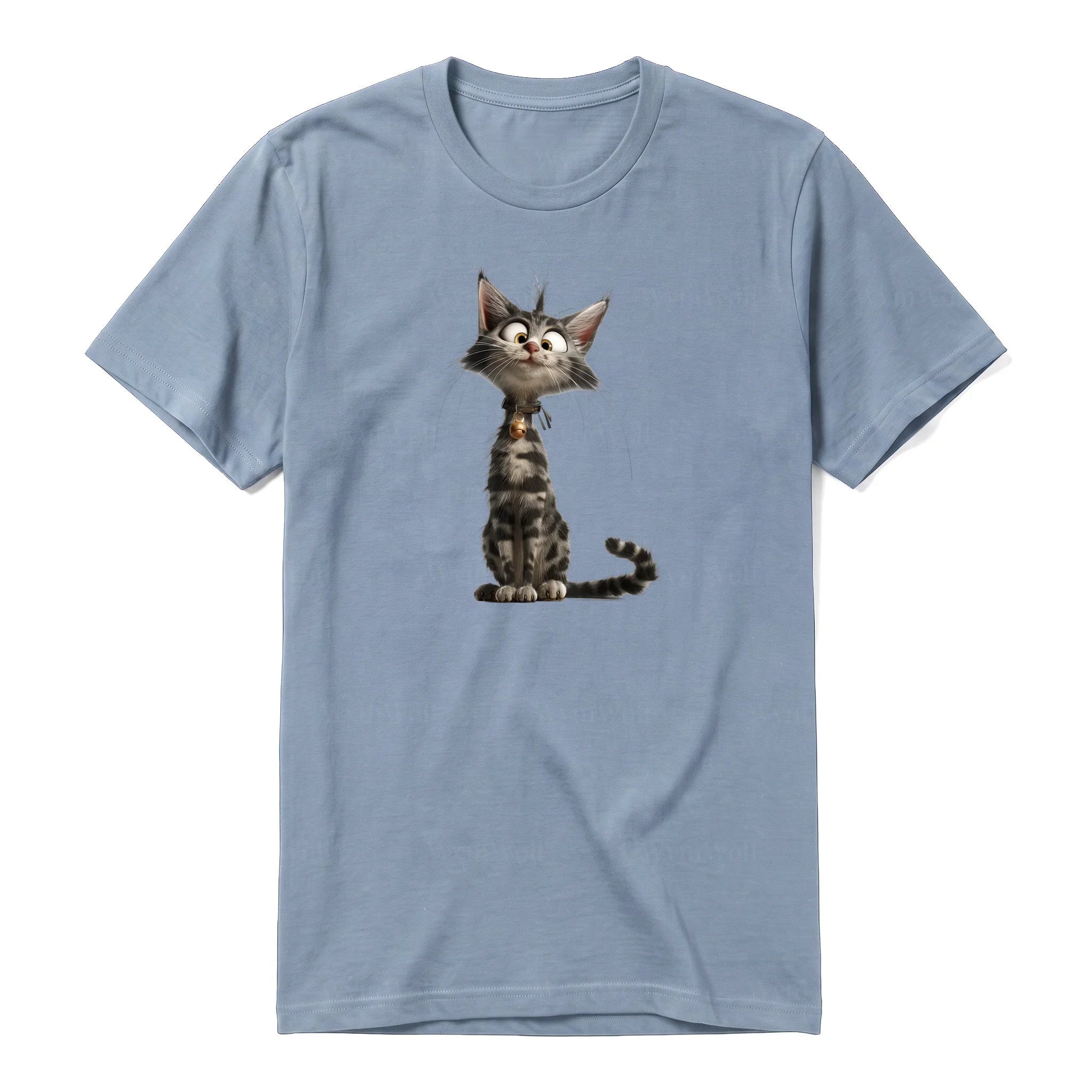 A steel-blue short-sleeve crewneck t-shirt for adult featuring a graphic of a cat on the front.