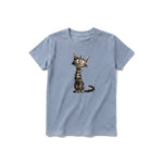 A steel-blue short-sleeve crewneck t-shirt for youth featuring a graphic of a cat on the front.