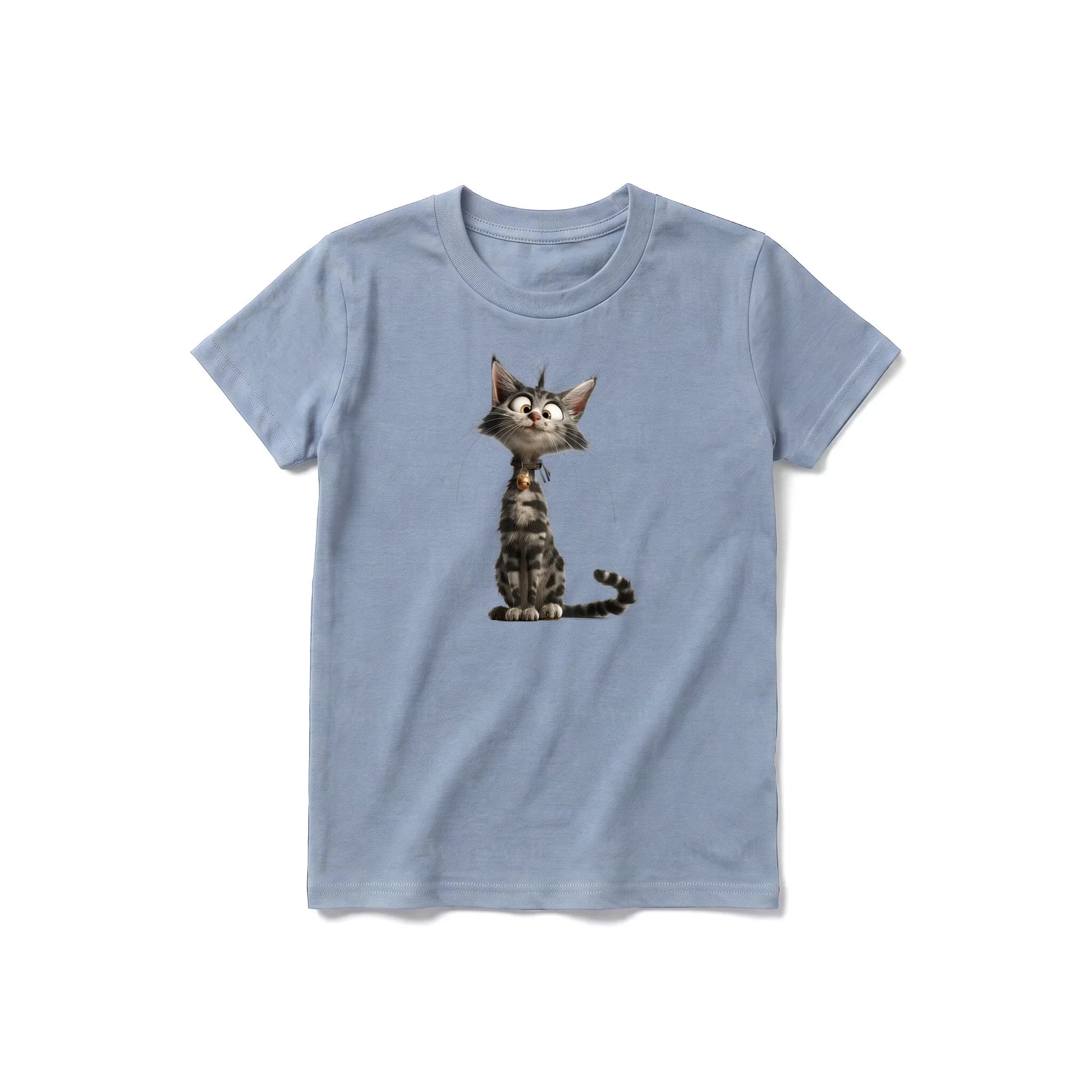 A steel-blue short-sleeve crewneck t-shirt for youth featuring a graphic of a cat on the front.