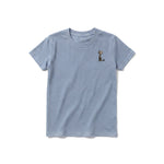 A steel-blue short-sleeve crewneck t-shirt for youth featuring a graphic of a cat on the left chest.
