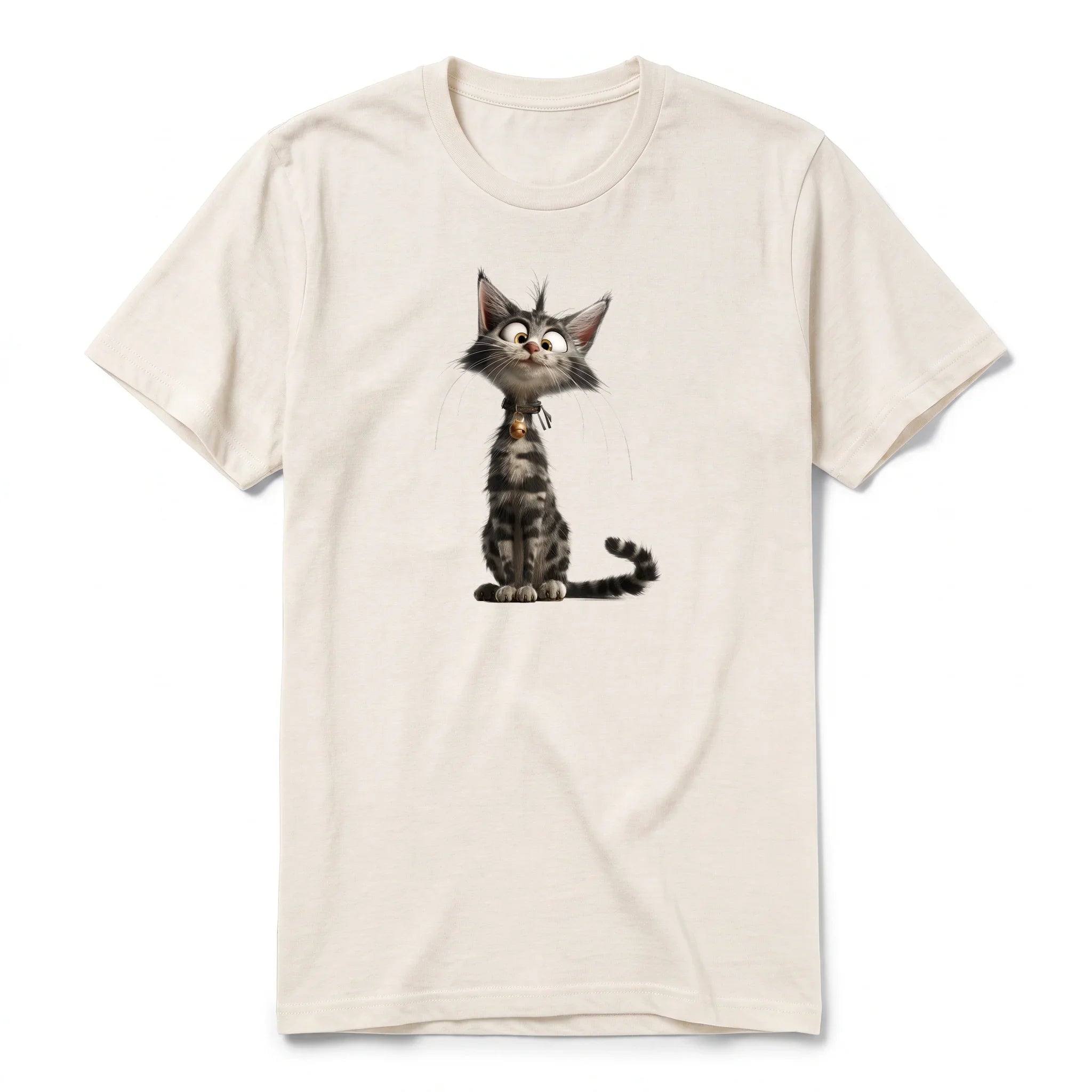 A vintage-white short-sleeve crewneck t-shirt for adult featuring a graphic of a cat on the front.