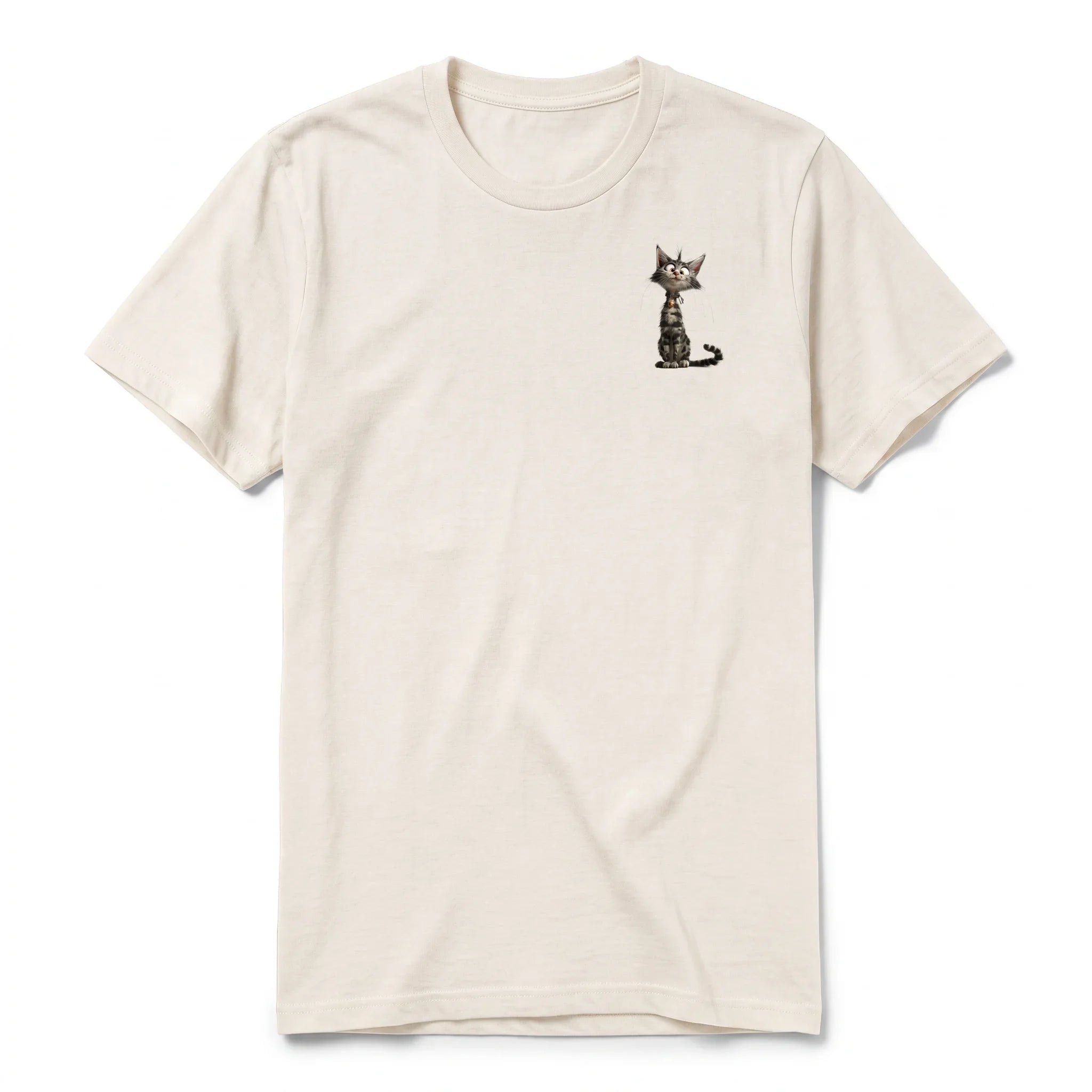 A vintage-white short-sleeve crewneck t-shirt for adult featuring a graphic of a cat on the left chest.