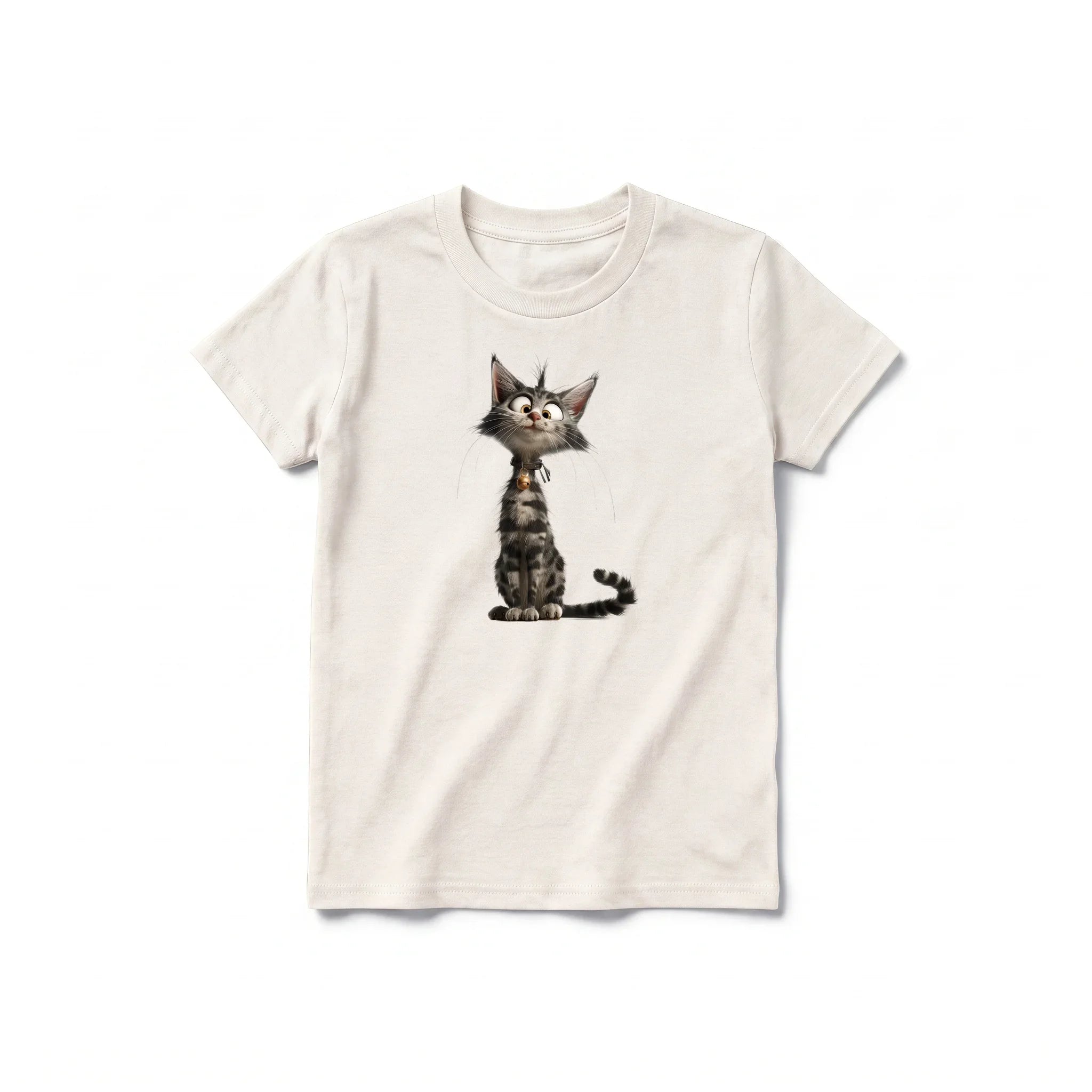 A vintage-white short-sleeve crewneck t-shirt for youth featuring a graphic of a cat on the front.