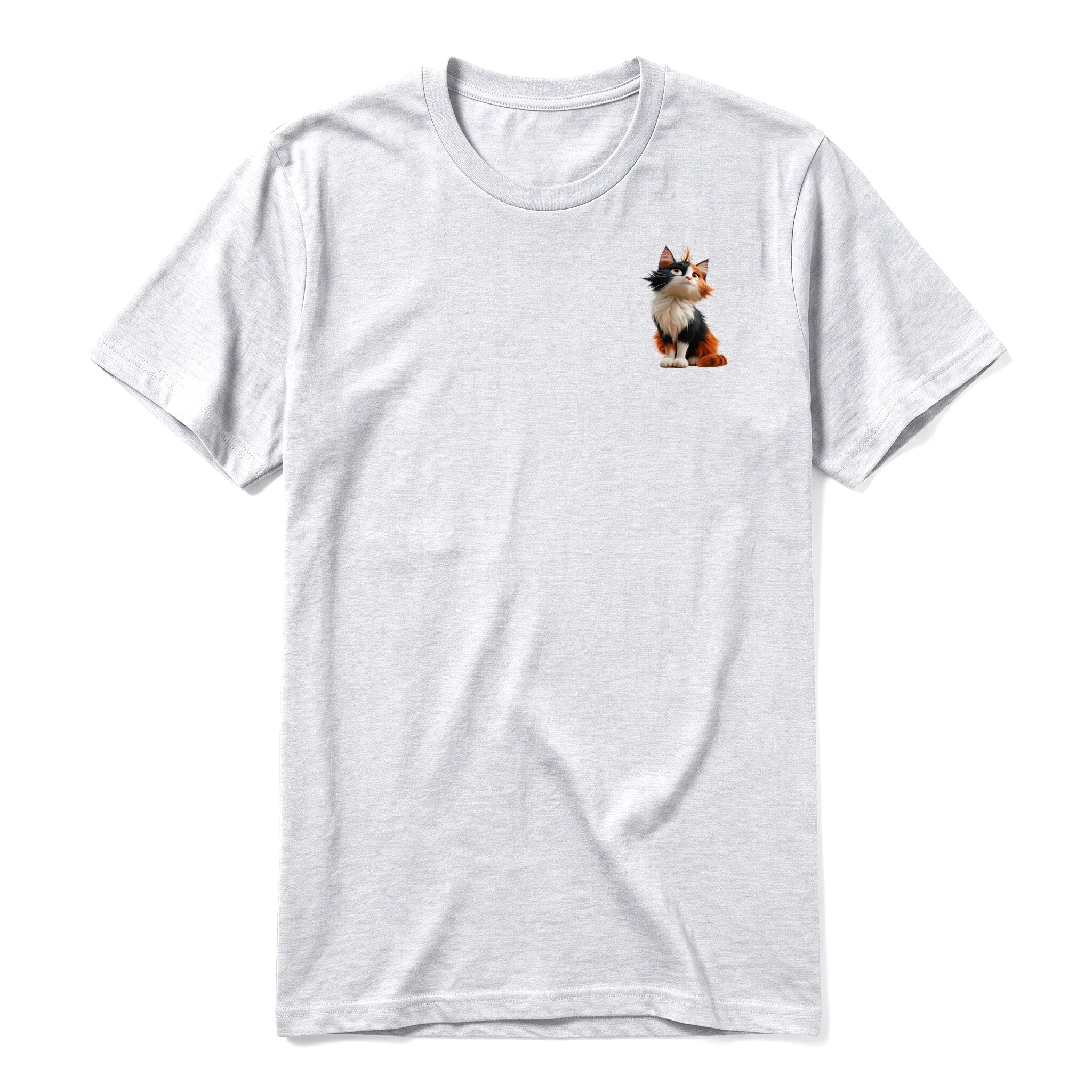 A ash grey short-sleeve crewneck t-shirt for adult featuring a graphic of a cat on the left chest.