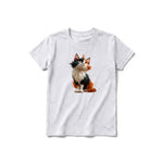 A ash grey short-sleeve crewneck t-shirt for youth featuring a graphic of a cat on the front.