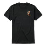 A black short-sleeve crewneck t-shirt for adult featuring a graphic of a cat on the left chest.