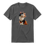 A charcoal short-sleeve crewneck t-shirt for adult featuring a graphic of a cat on the front.