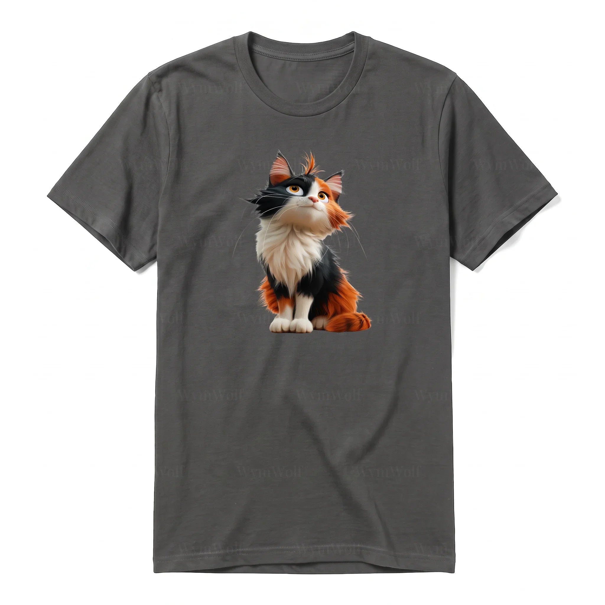 A charcoal short-sleeve crewneck t-shirt for adult featuring a graphic of a cat on the front.