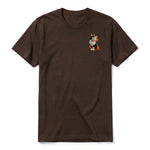 A chocolate short-sleeve crewneck t-shirt for adult featuring a graphic of a cat on the left chest.