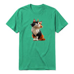 A kelly short-sleeve crewneck t-shirt for adult featuring a graphic of a cat on the front.