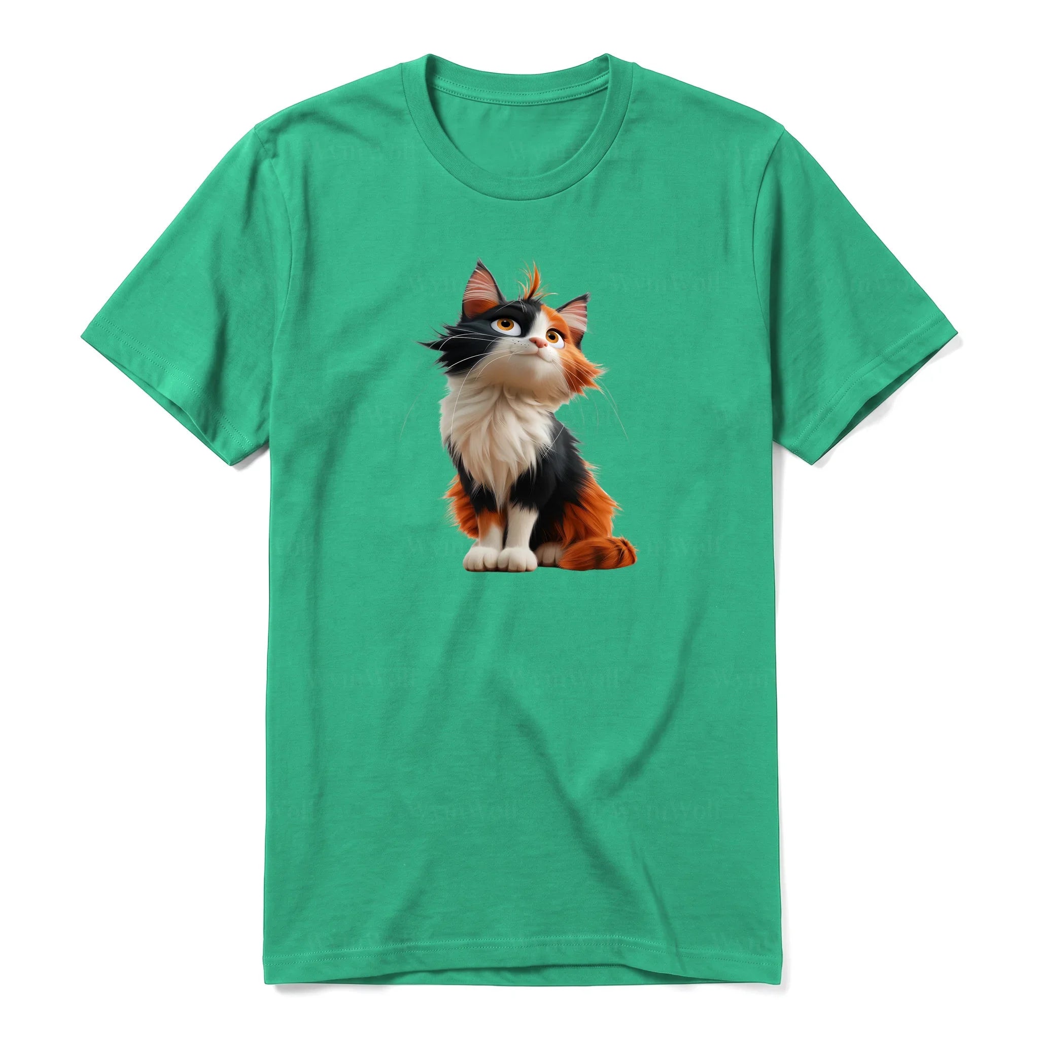 A kelly short-sleeve crewneck t-shirt for adult featuring a graphic of a cat on the front.