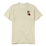 A latte short-sleeve crewneck t-shirt for adult featuring a graphic of a cat on the left chest.