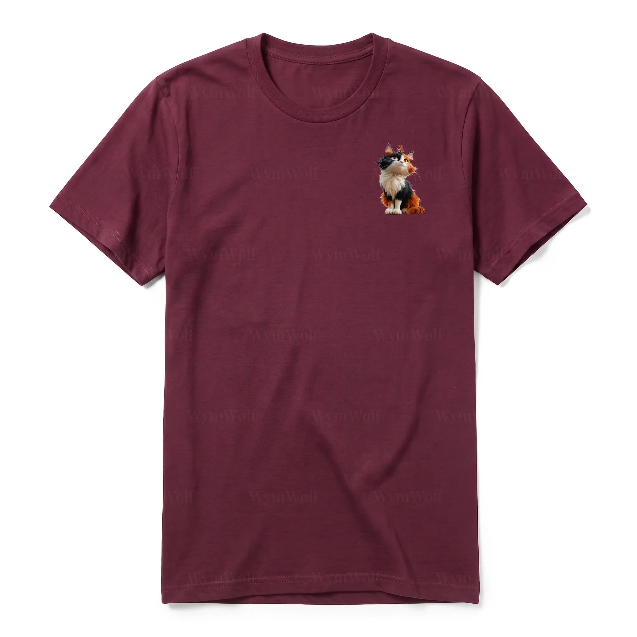 A maroon short-sleeve crewneck t-shirt for adult featuring a graphic of a cat on the left chest.