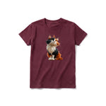 A maroon short-sleeve crewneck t-shirt for youth featuring a graphic of a cat on the front.