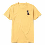A mustard short-sleeve crewneck t-shirt for adult featuring a graphic of a cat on the left chest.