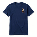 A navy short-sleeve crewneck t-shirt for adult featuring a graphic of a cat on the left chest.