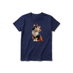 A navy short-sleeve crewneck t-shirt for youth featuring a graphic of a cat on the front.