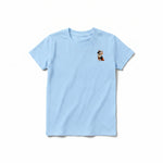 A powder short-sleeve crewneck t-shirt for youth featuring a graphic of a cat on the left chest.