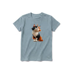 A sage short-sleeve crewneck t-shirt for youth featuring a graphic of a cat on the front.