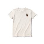 A vintage-white short-sleeve crewneck t-shirt for youth featuring a graphic of a cat on the left chest.