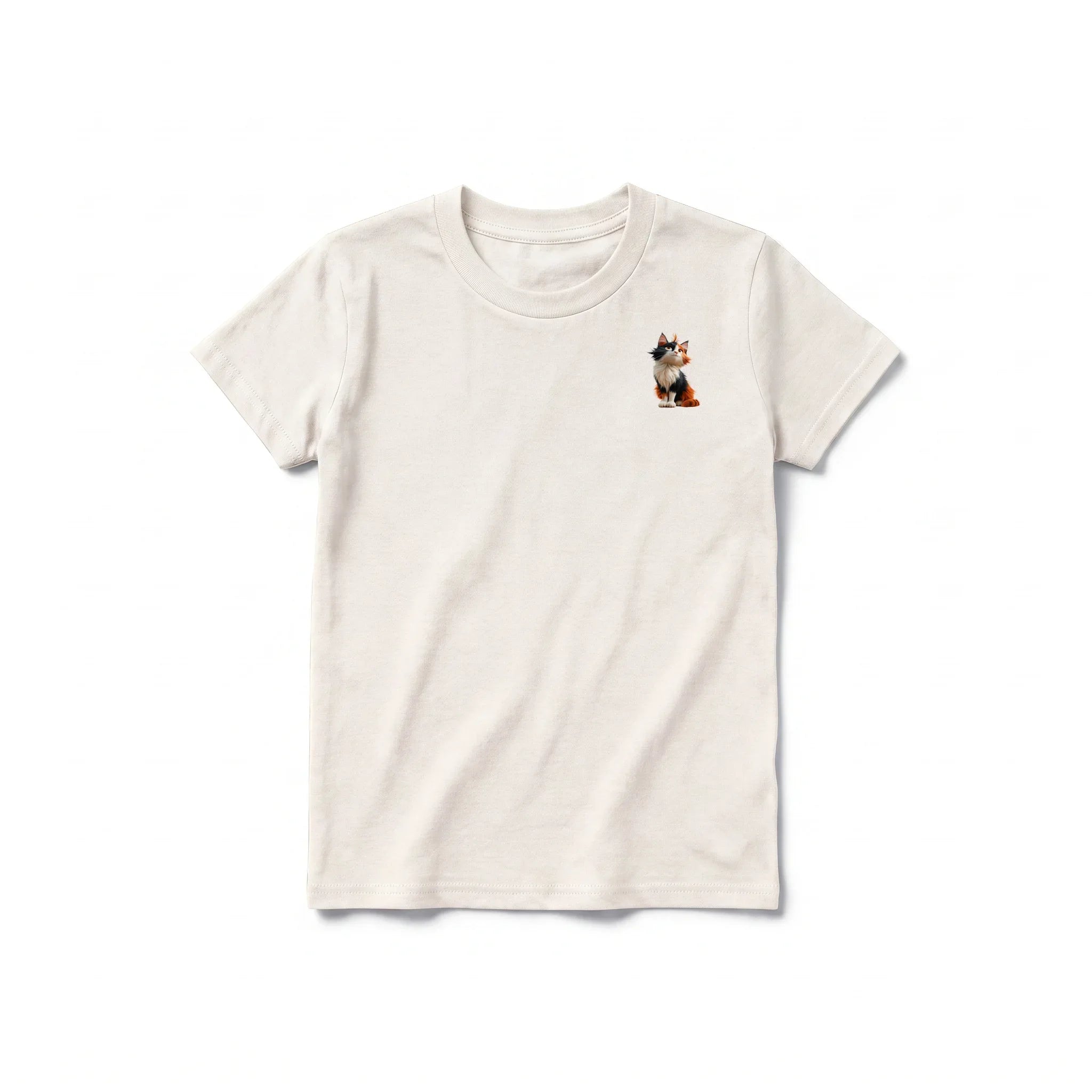 A vintage-white short-sleeve crewneck t-shirt for youth featuring a graphic of a cat on the left chest.