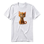 Un T-shirt gris cendré à manches courtes et col rond, orné d'un motif représentant un chat sur le devant.