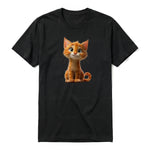 Un T-shirt noir à manches courtes et col rond, orné d'un motif représentant un chat sur le devant.