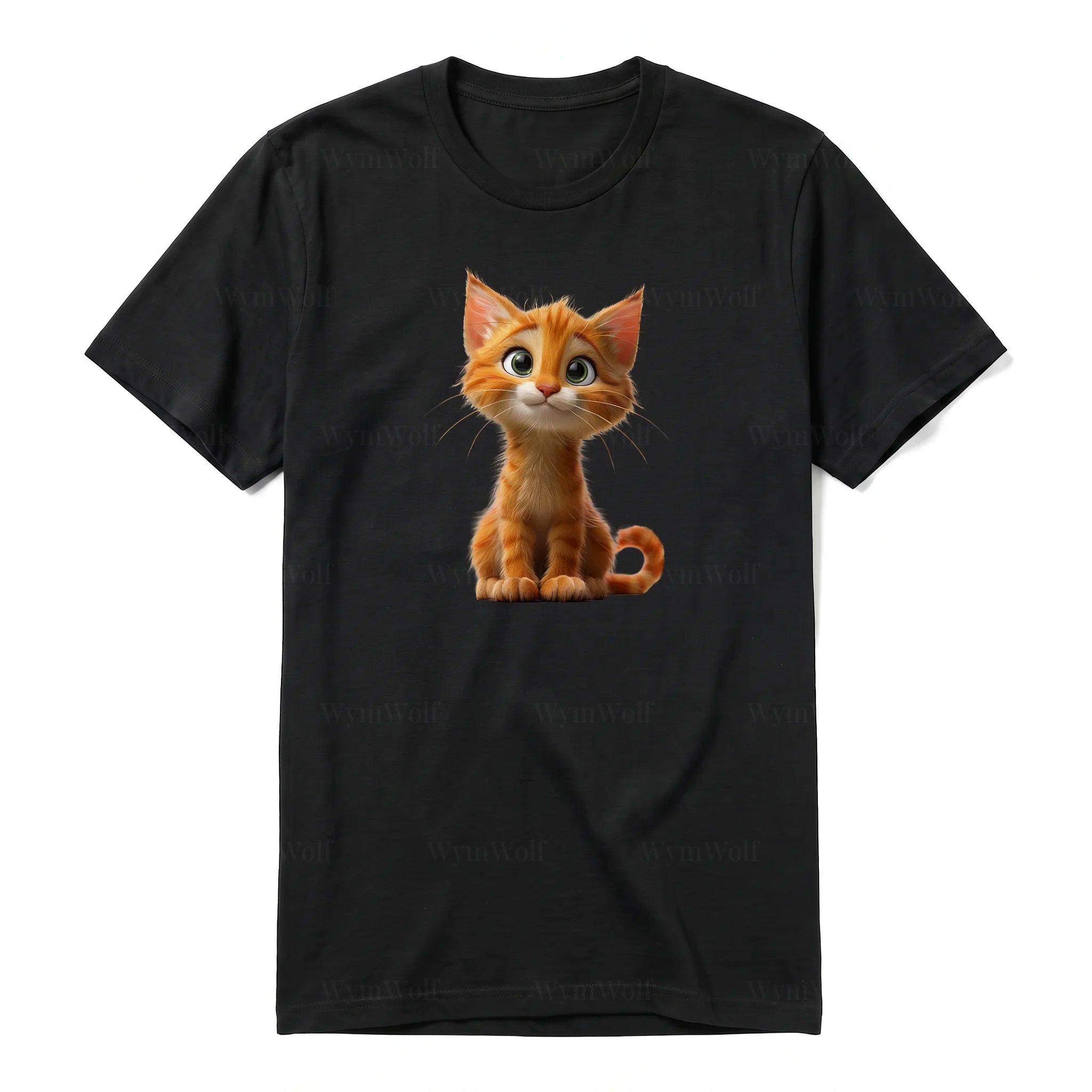 Un T-shirt noir à manches courtes et col rond, orné d'un motif représentant un chat sur le devant.