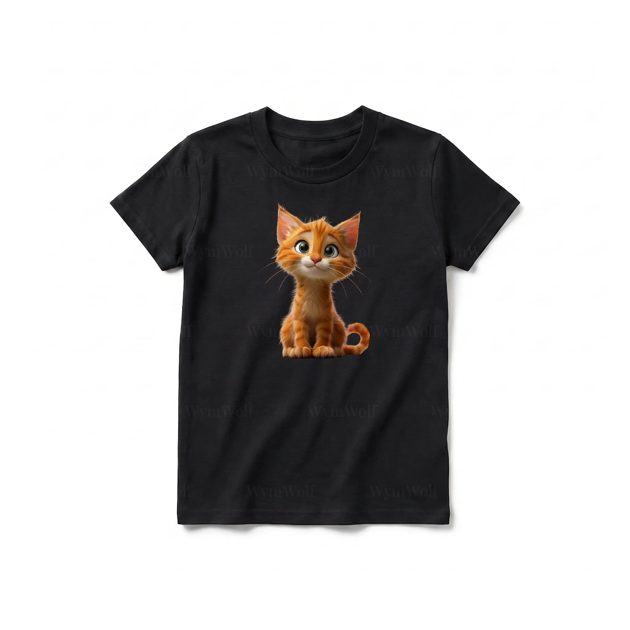 Un T-shirt noir à manches courtes et col rond pour jeune, orné d'un motif représentant un chat sur le devant.