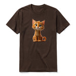 Un T-shirt chocolat à manches courtes et col rond, orné d'un motif représentant un chat sur le devant.