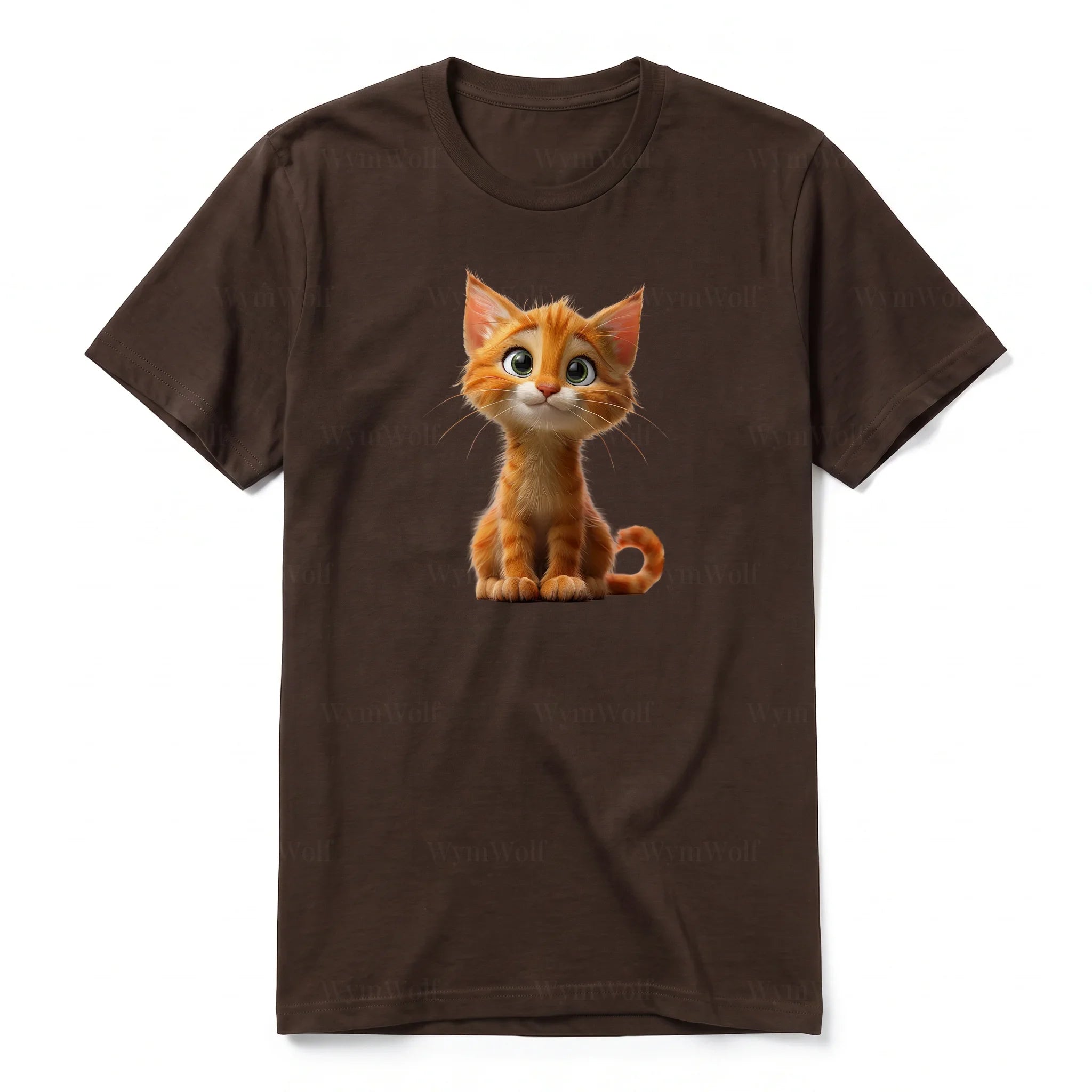 Un T-shirt chocolat à manches courtes et col rond, orné d'un motif représentant un chat sur le devant.