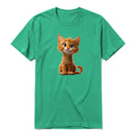 Un T-shirt kelly à manches courtes et col rond, orné d'un motif représentant un chat sur le devant.