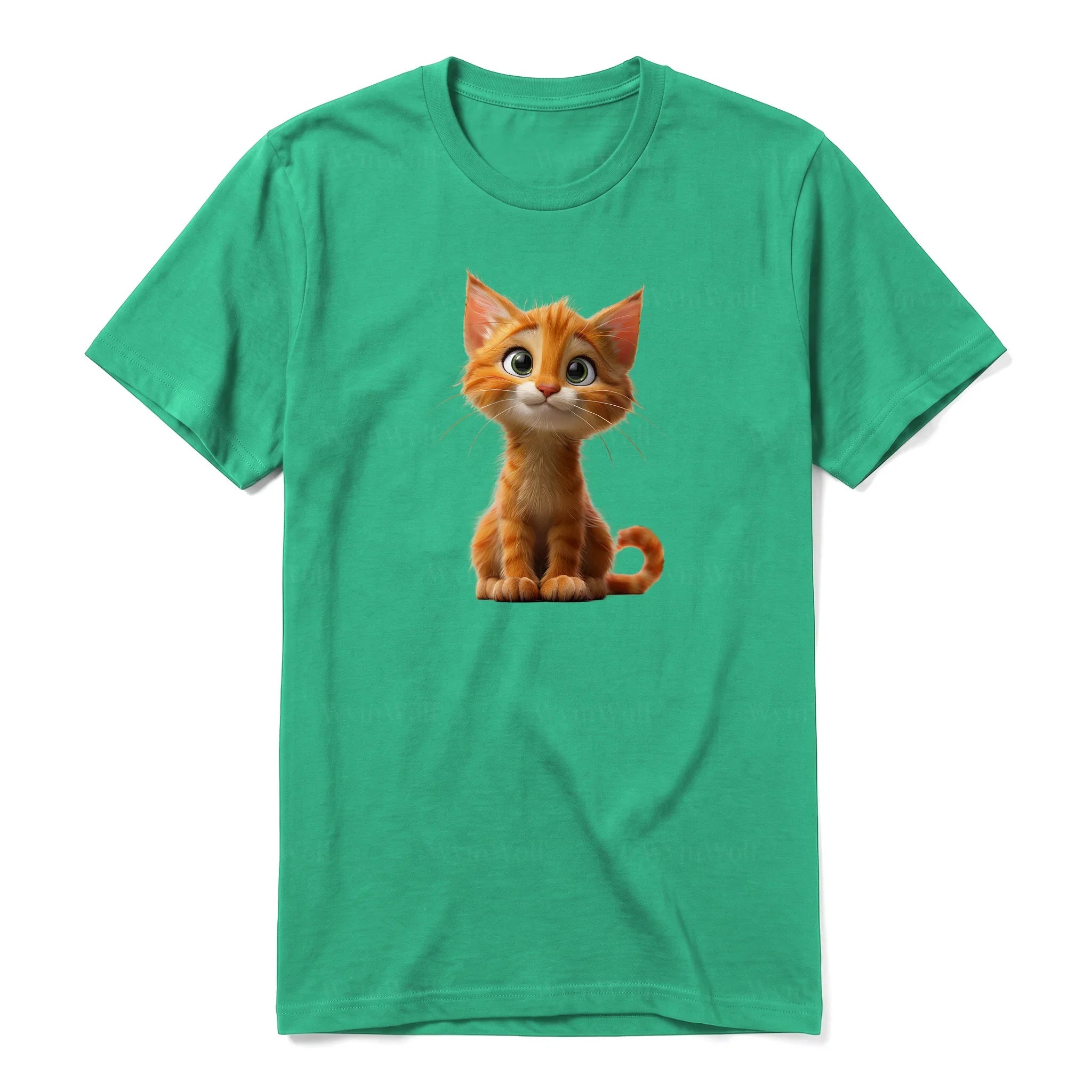 Un T-shirt kelly à manches courtes et col rond, orné d'un motif représentant un chat sur le devant.