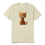 Un T-shirt latte à manches courtes et col rond, orné d'un motif représentant un chat sur le devant.