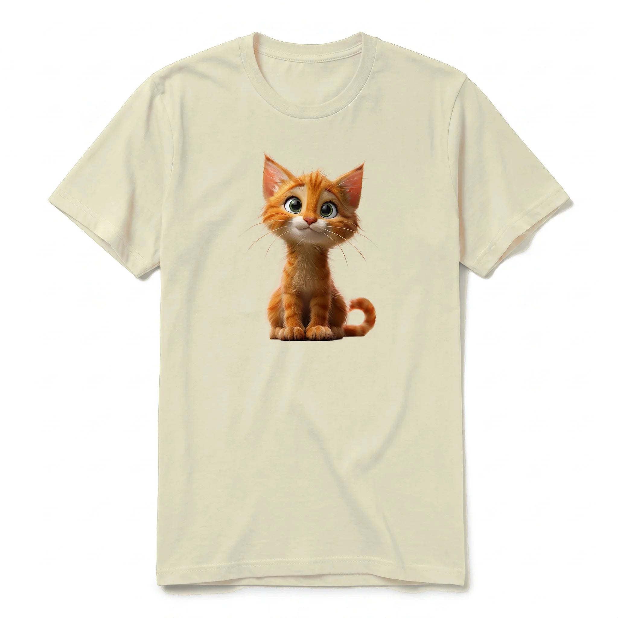 Un T-shirt latte à manches courtes et col rond, orné d'un motif représentant un chat sur le devant.