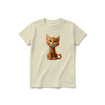 Un T-shirt latte à manches courtes et col rond pour jeune, orné d'un motif représentant un chat sur le devant.
