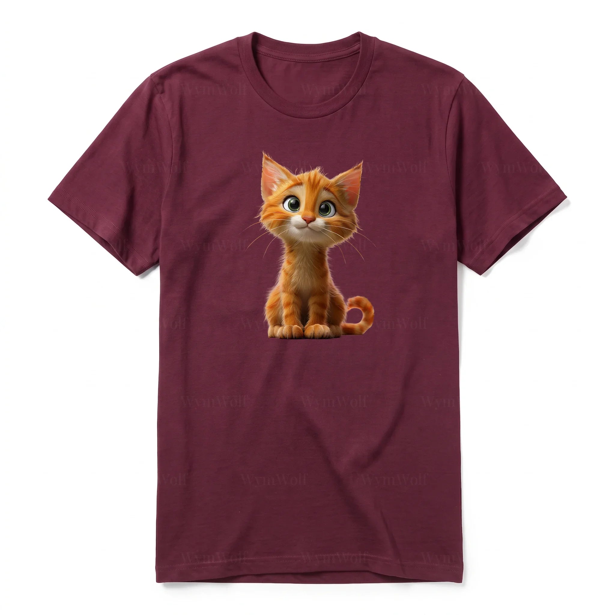 Un T-shirt marron à manches courtes et col rond, orné d'un motif représentant un chat sur le devant.