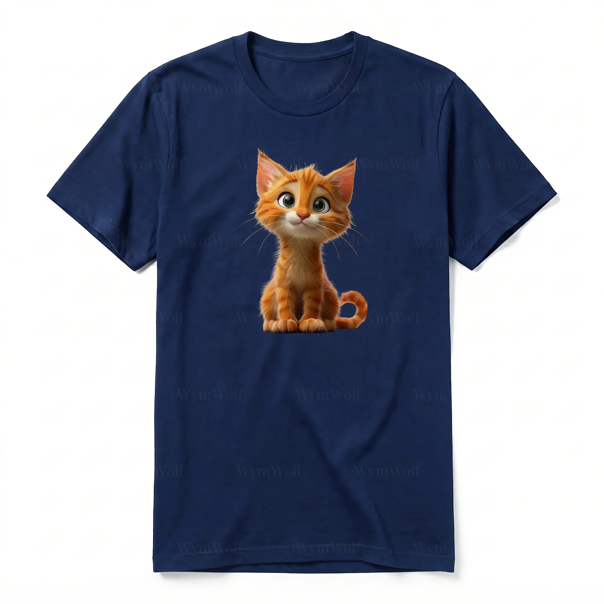 Un T-shirt marine à manches courtes et col rond, orné d'un motif représentant un chat sur le devant.