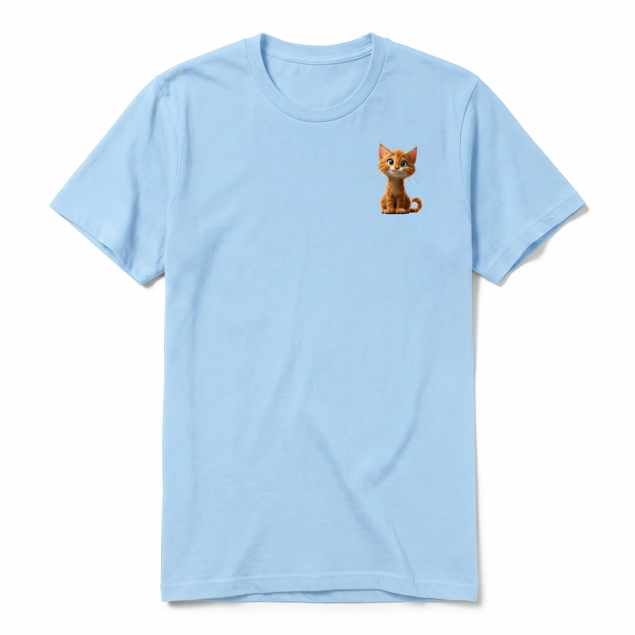Un T-shirt poudre à manches courtes et col rond, orné d'un motif représentant un chat sur la poitrine gauche.