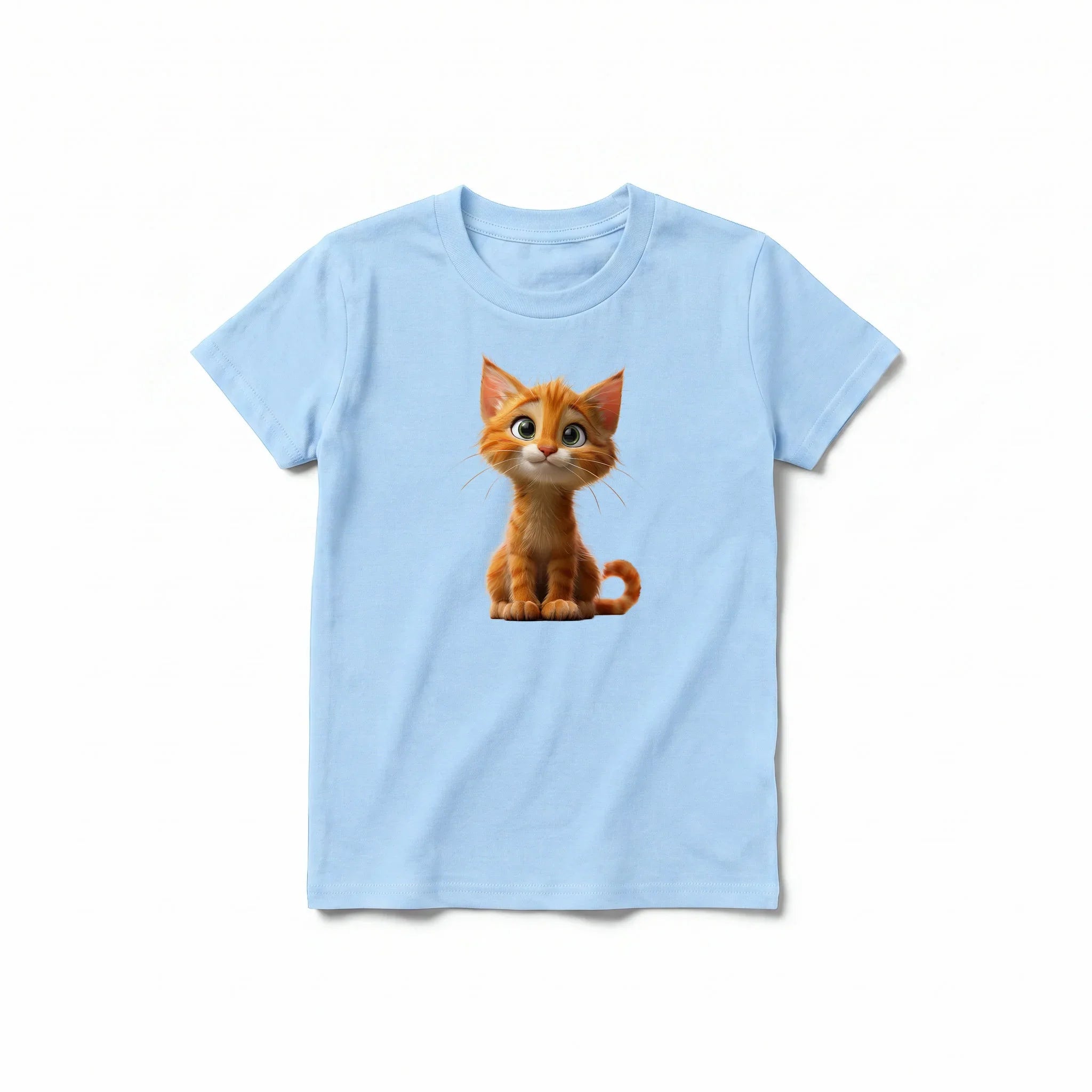 Un T-shirt poudre à manches courtes et col rond pour jeune, orné d'un motif représentant un chat sur le devant.