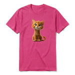 Un T-shirt framboise à manches courtes et col rond, orné d'un motif représentant un chat sur le devant.