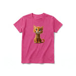 Un T-shirt framboise à manches courtes et col rond pour jeune, orné d'un motif représentant un chat sur le devant.