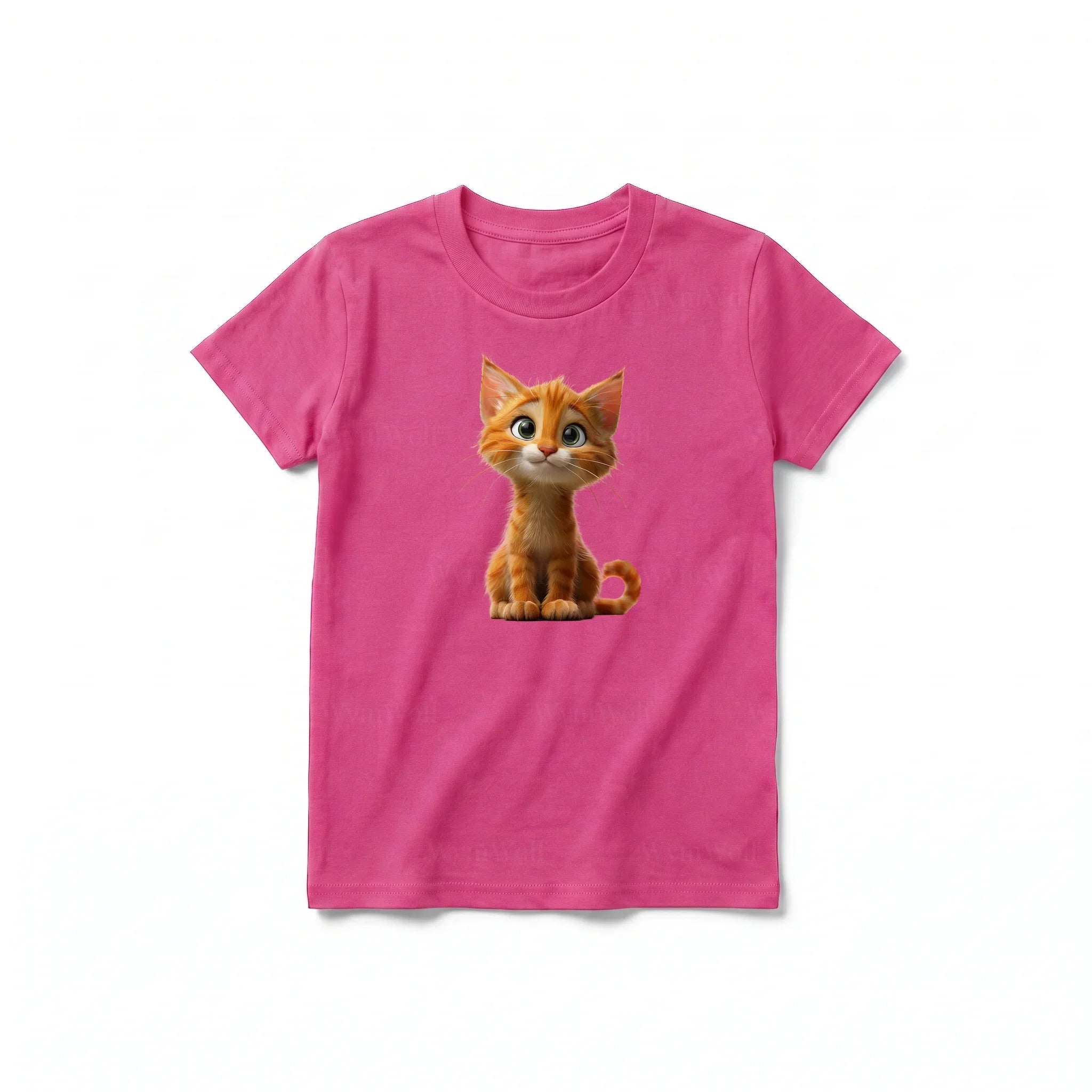 Un T-shirt framboise à manches courtes et col rond pour jeune, orné d'un motif représentant un chat sur le devant.
